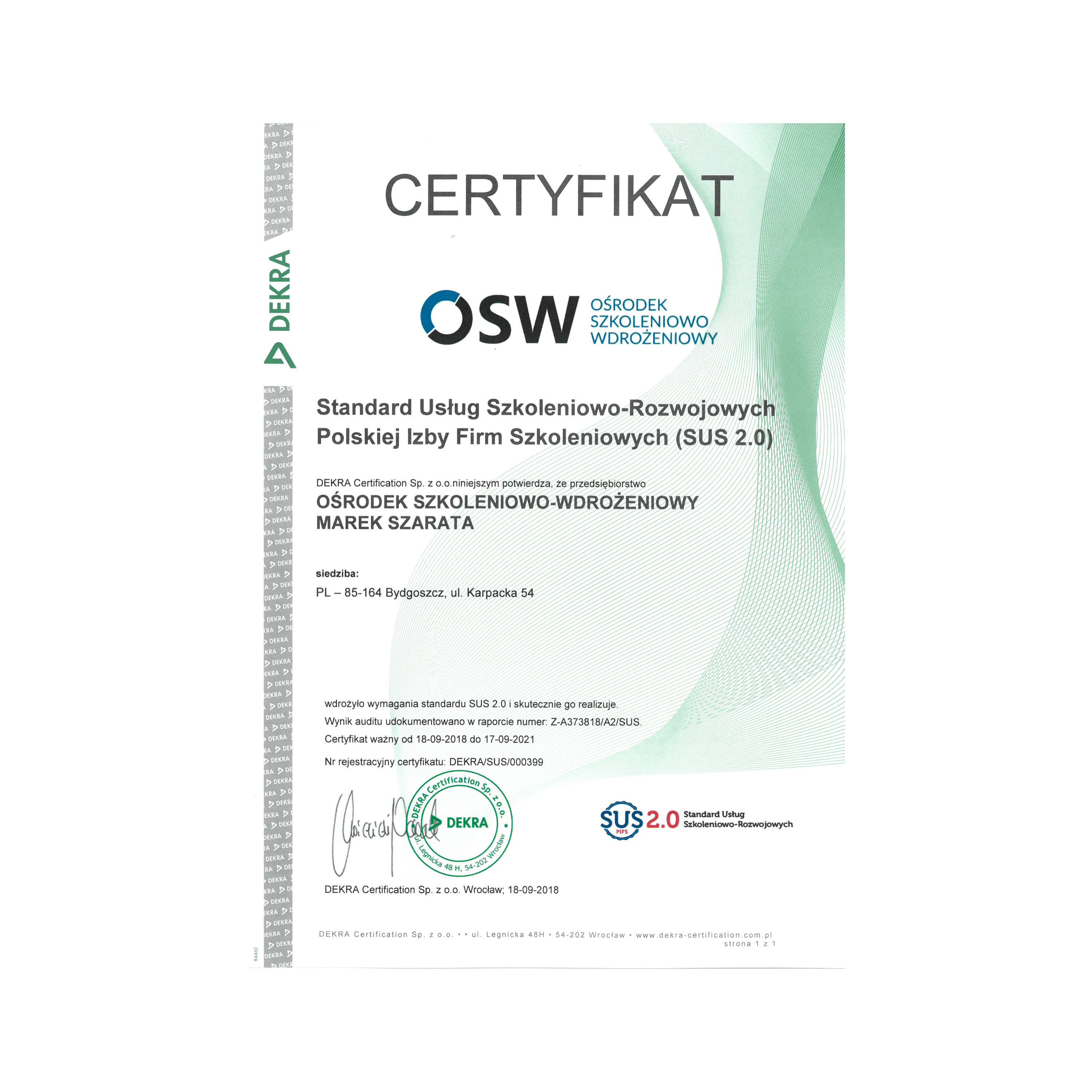 Certyfikat SUS 2.0 dla Ośrodka Szkoleniowo-Wdrożeniowego!